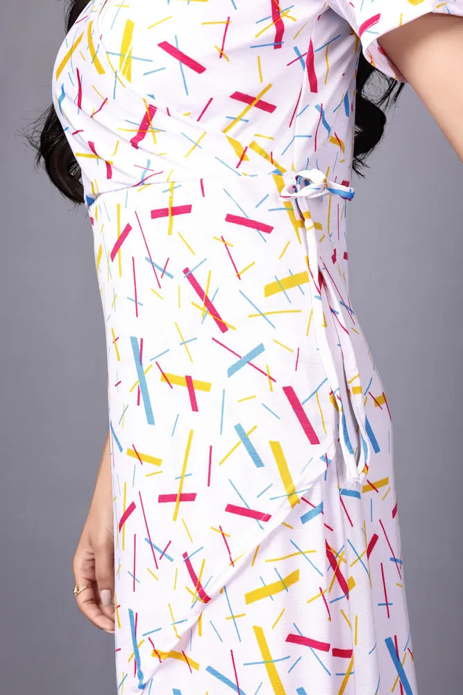 zelzis women multi abstract lines knee length dress | v neck polyester dress for colorful sticks pattern