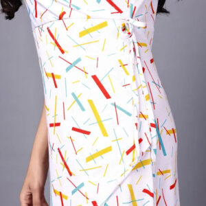 zelzis women multi abstract lines knee length dress | v neck polyester dress for colorful sticks pattern