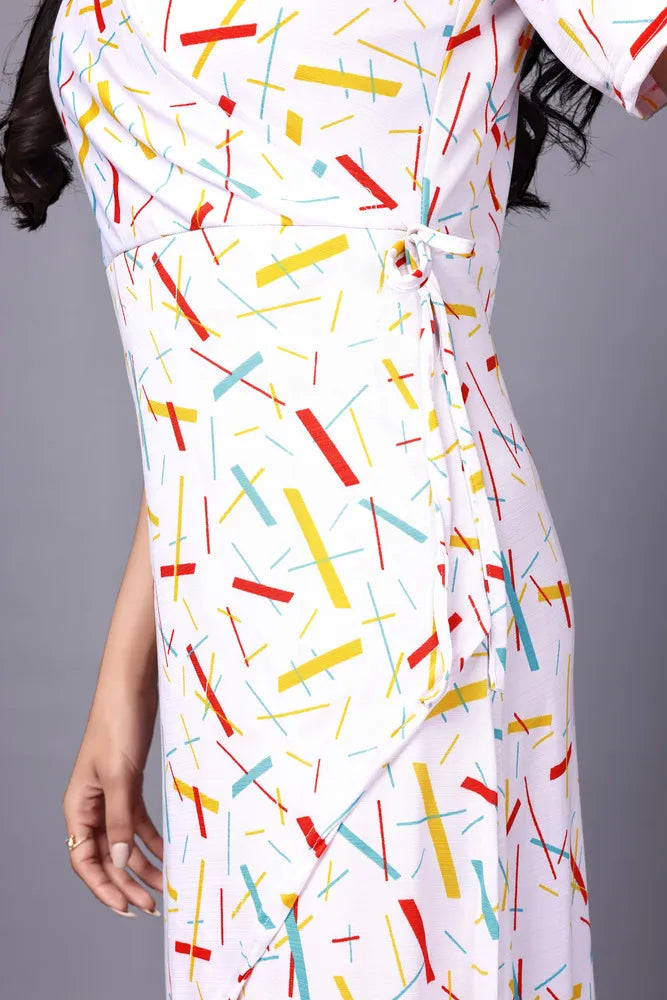 zelzis women multi abstract lines knee length dress | v neck polyester dress for colorful sticks pattern