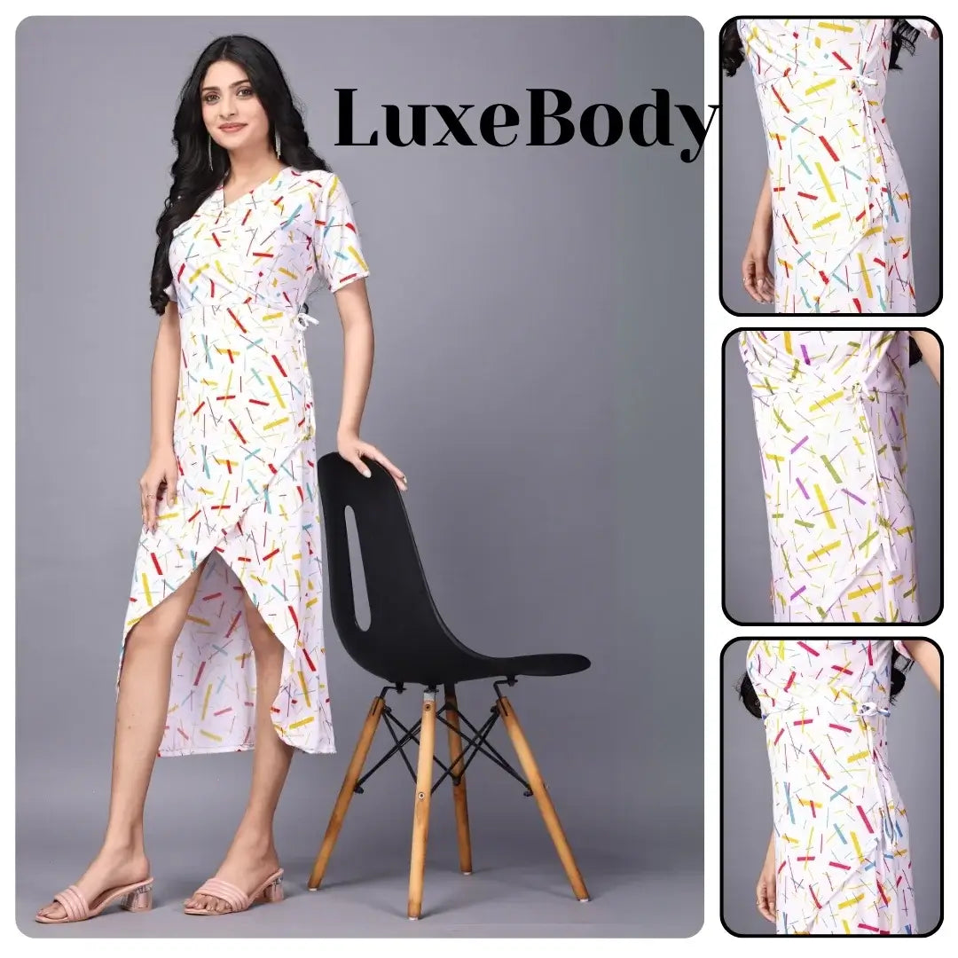 zelzis women multi abstract lines knee length dress | v neck polyester dress for colorful sticks pattern