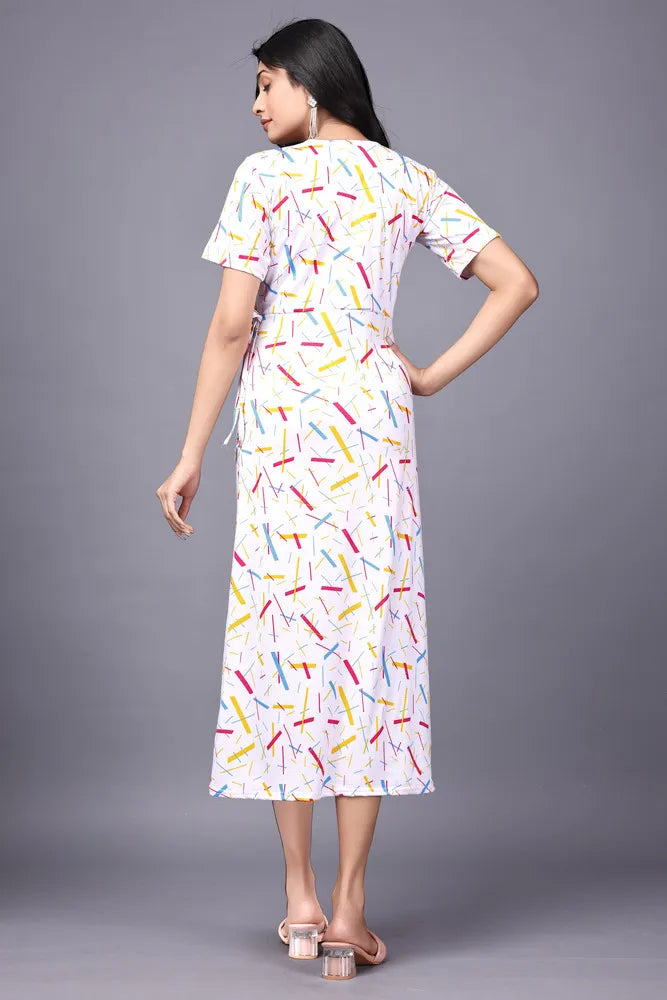 zelzis women multi abstract lines knee length dress | v neck polyester dress for colorful sticks pattern