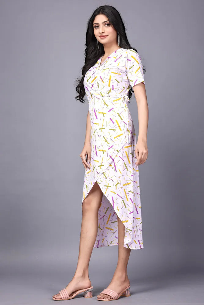 zelzis women multi abstract lines knee length dress | v neck polyester dress for colorful sticks pattern