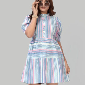 cotton striped dresses – puff sleeve knee length casual & partywear outfit