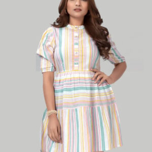 cotton striped dresses – puff sleeve knee length casual & partywear outfit