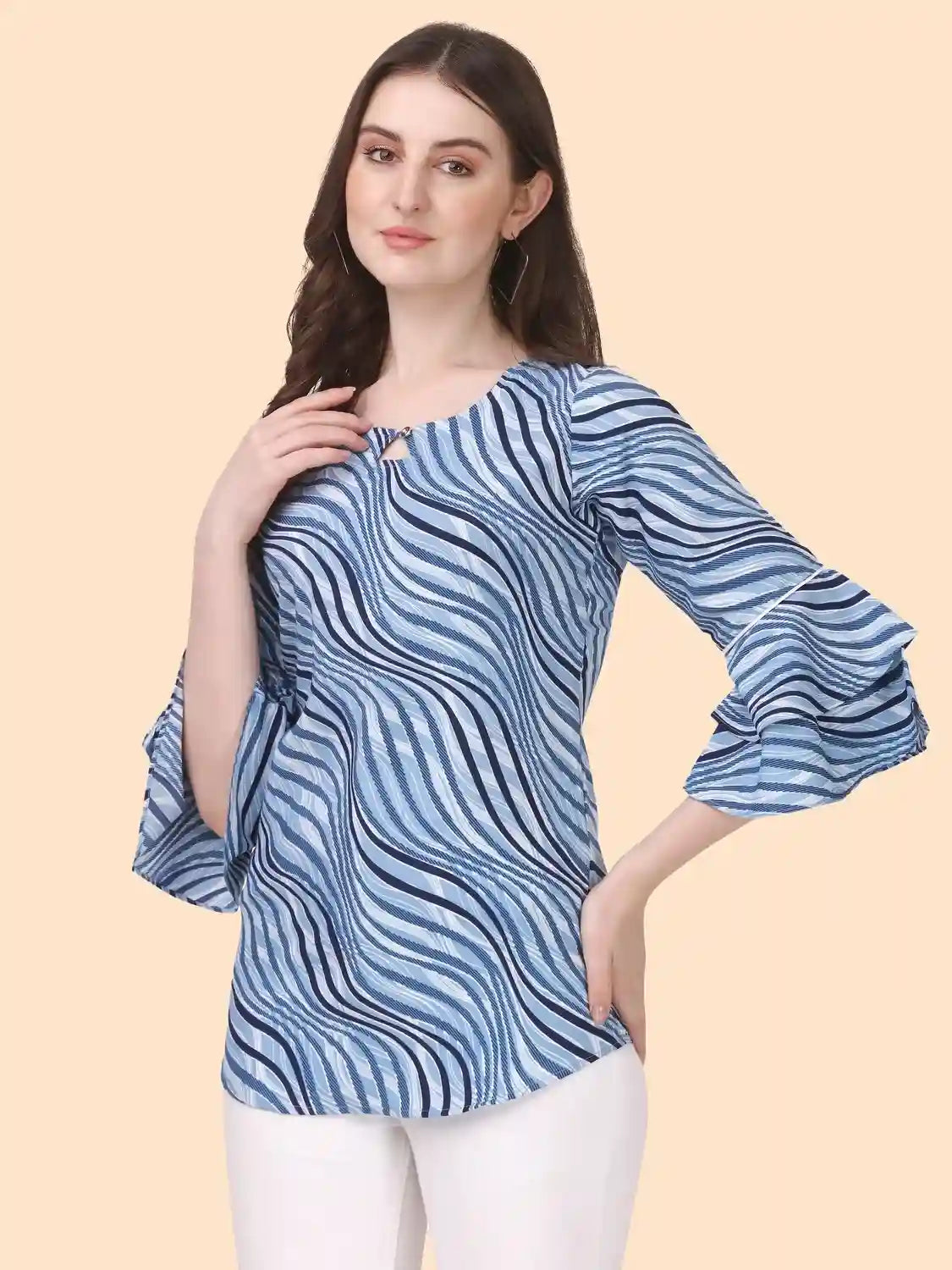 zelzis trendy striped crepe bell sleeve top for women & girls casual & party wear