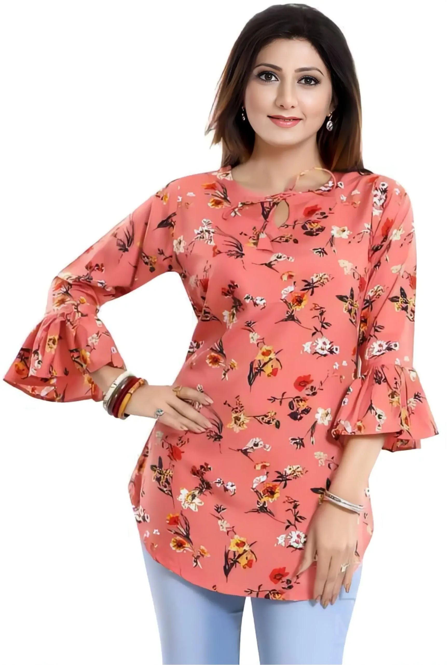 floral printed crepe tunic top with bell sleeves for women