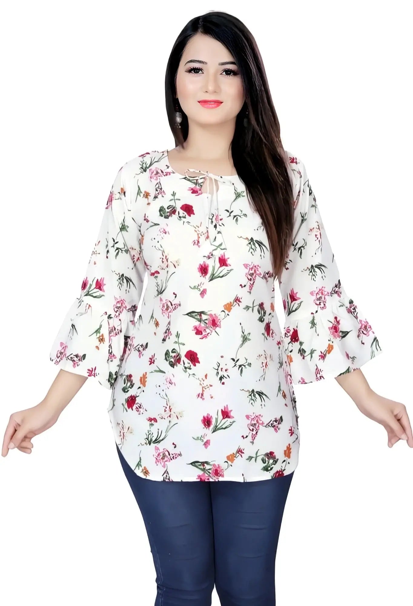 floral printed crepe tunic top with bell sleeves for women