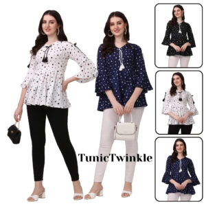 women's stylish star print crepe top | v neck, bell sleeves | casual & party wear