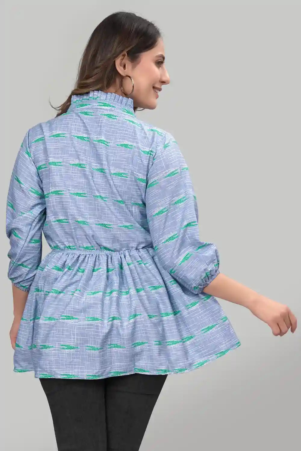 ethnic motifs floral printed peplum top | tie up neck | bishop sleeves | crepe fabric | casual & party wear