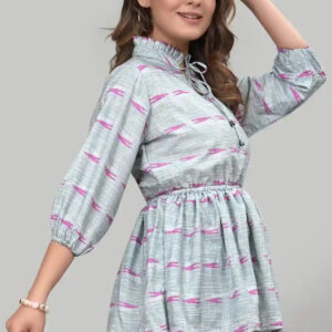 ethnic motifs floral printed peplum top | tie up neck | bishop sleeves | crepe fabric | casual & party wear