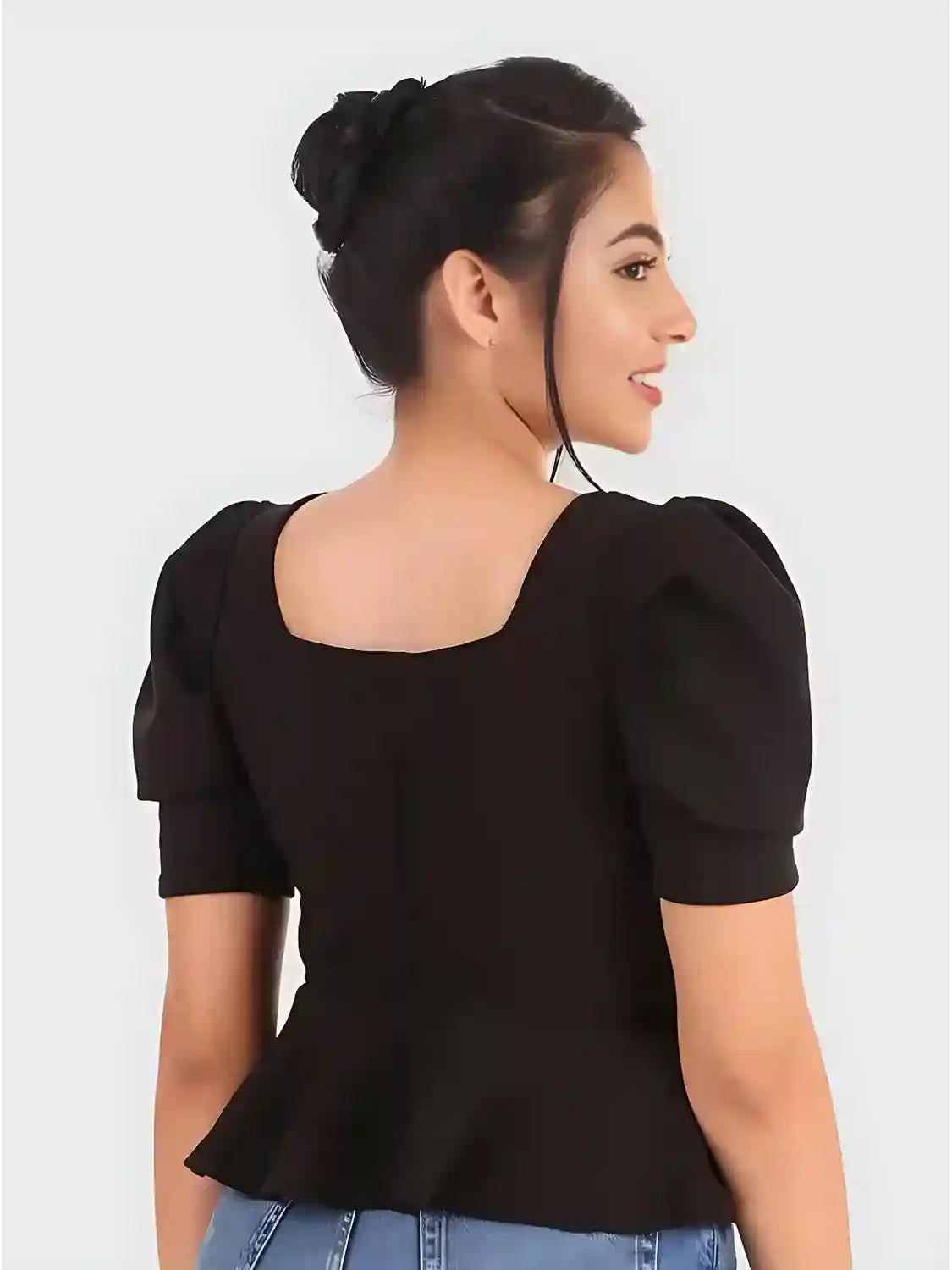 solid puff sleeve slim fit top for women
