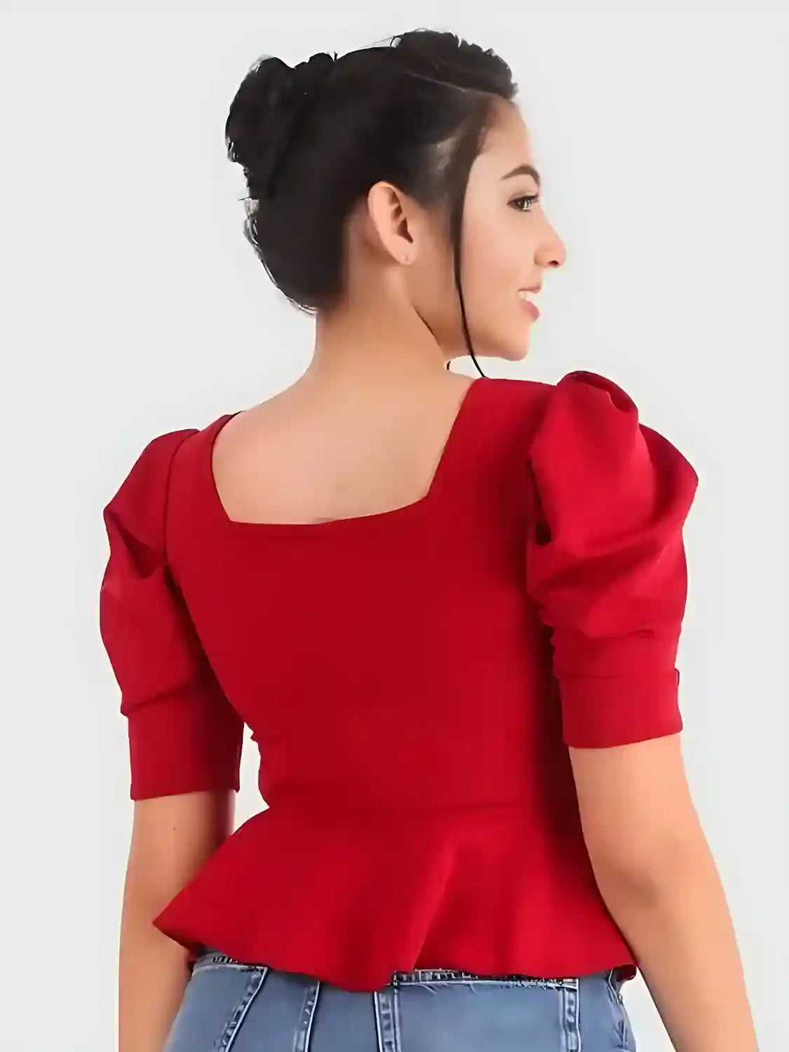 solid puff sleeve slim fit top for women