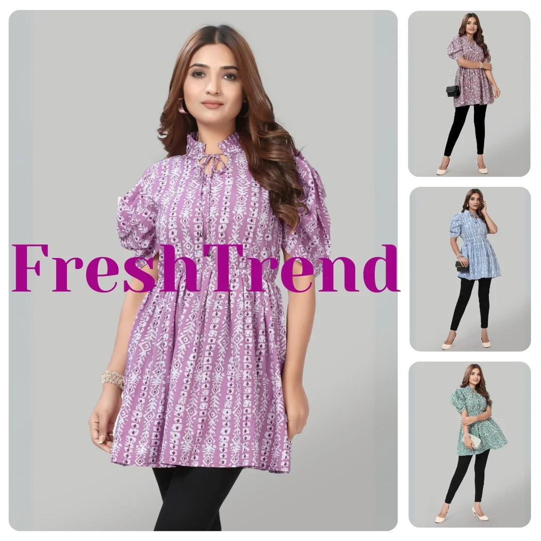 women's tie up neck puff sleeve crepe tunic casual & office wear