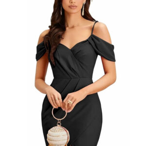 black shoulder strap party wear polyester knee length bodycon dress
