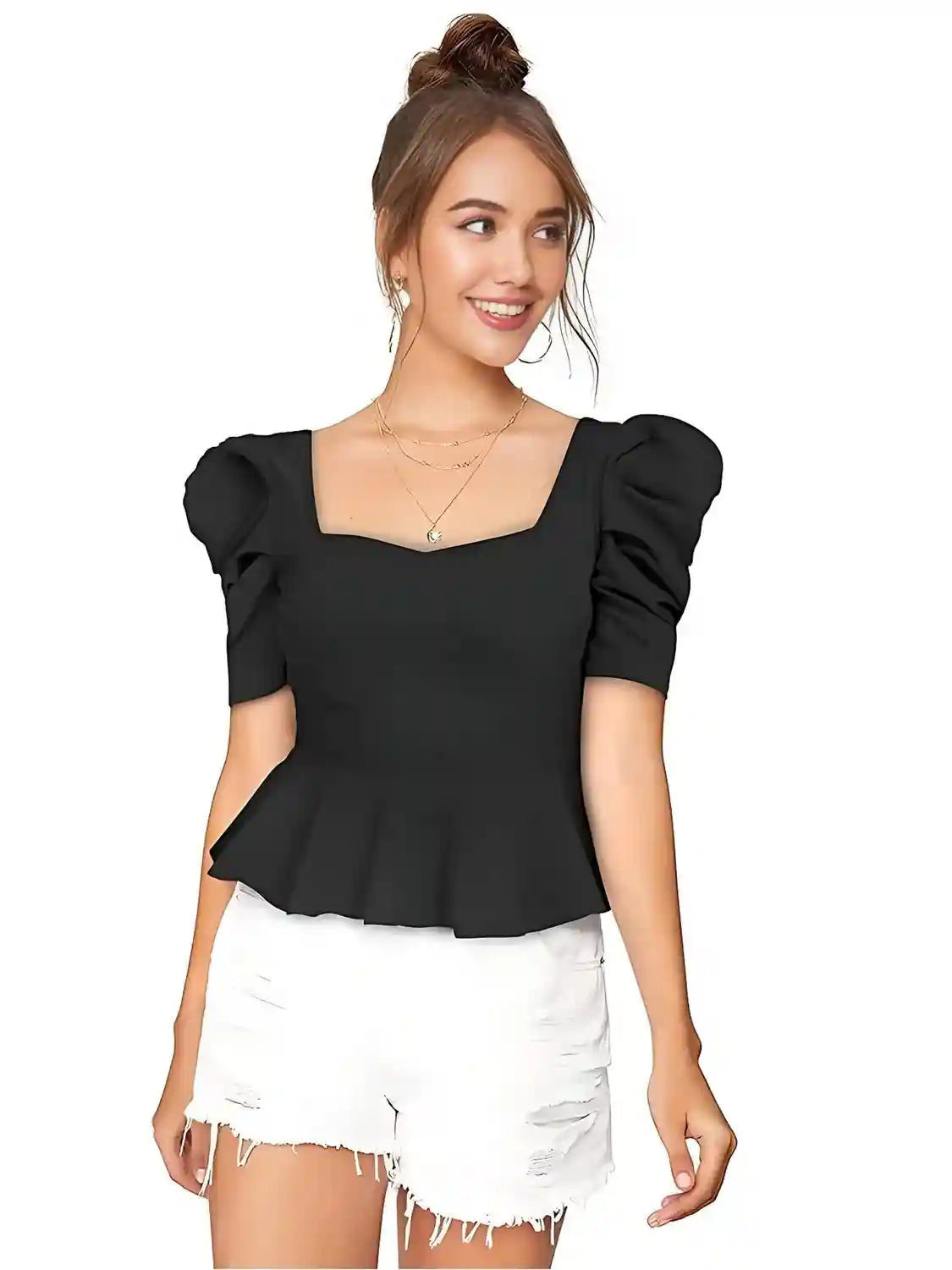 black solid short sleeve top for daily wear for women & girls