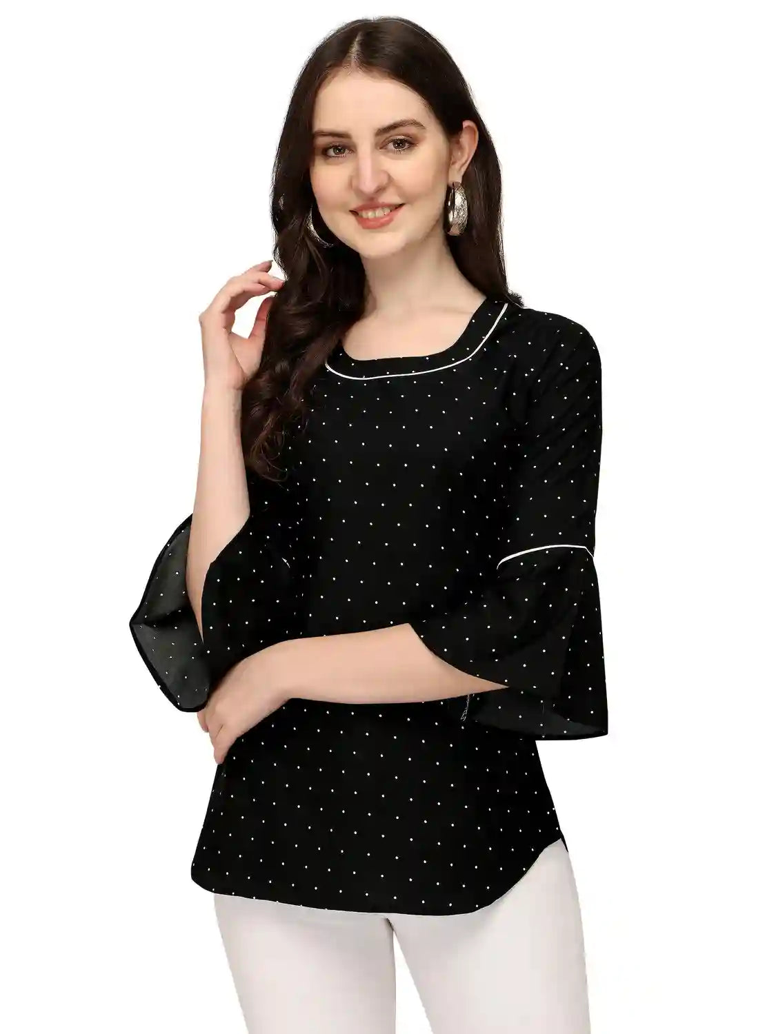 black stylish polka dot bell sleeve crepe daily wear tunic tops