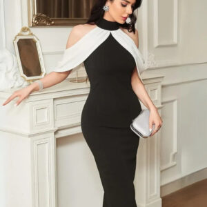black & white solid polyester halter neck bodycon dress – sleeveless, ankle length