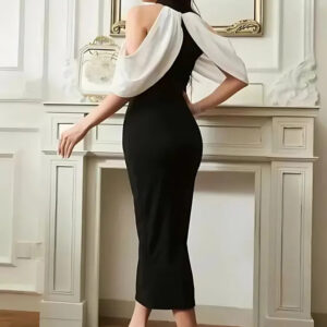 black & white solid polyester halter neck bodycon dress – sleeveless, ankle length