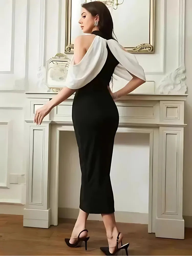 black & white solid polyester halter neck bodycon dress – sleeveless, ankle length
