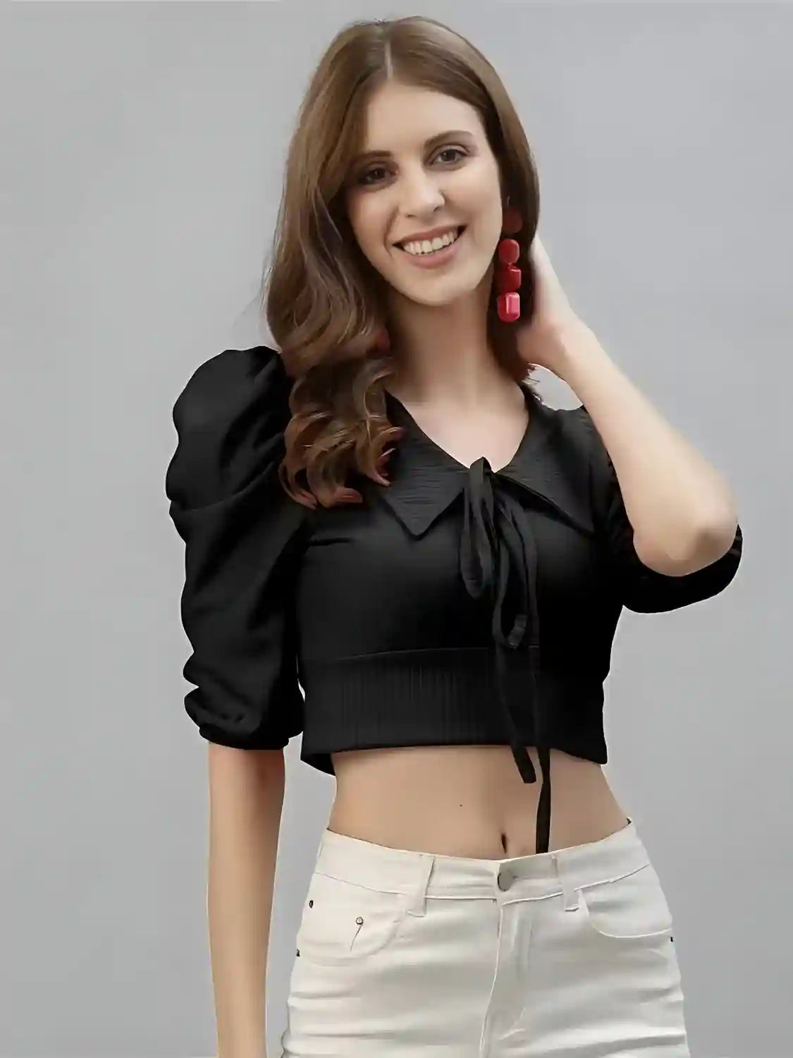 black solid collar crop top for women & girls | tie up neck | puff sleeves | casual & party wear