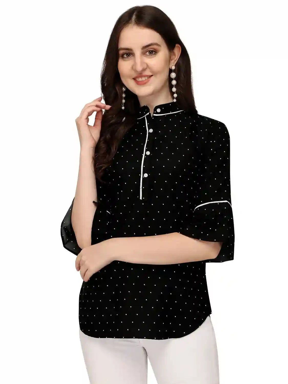 black stylish bindi dot bell sleeve crepe casual tunic tops