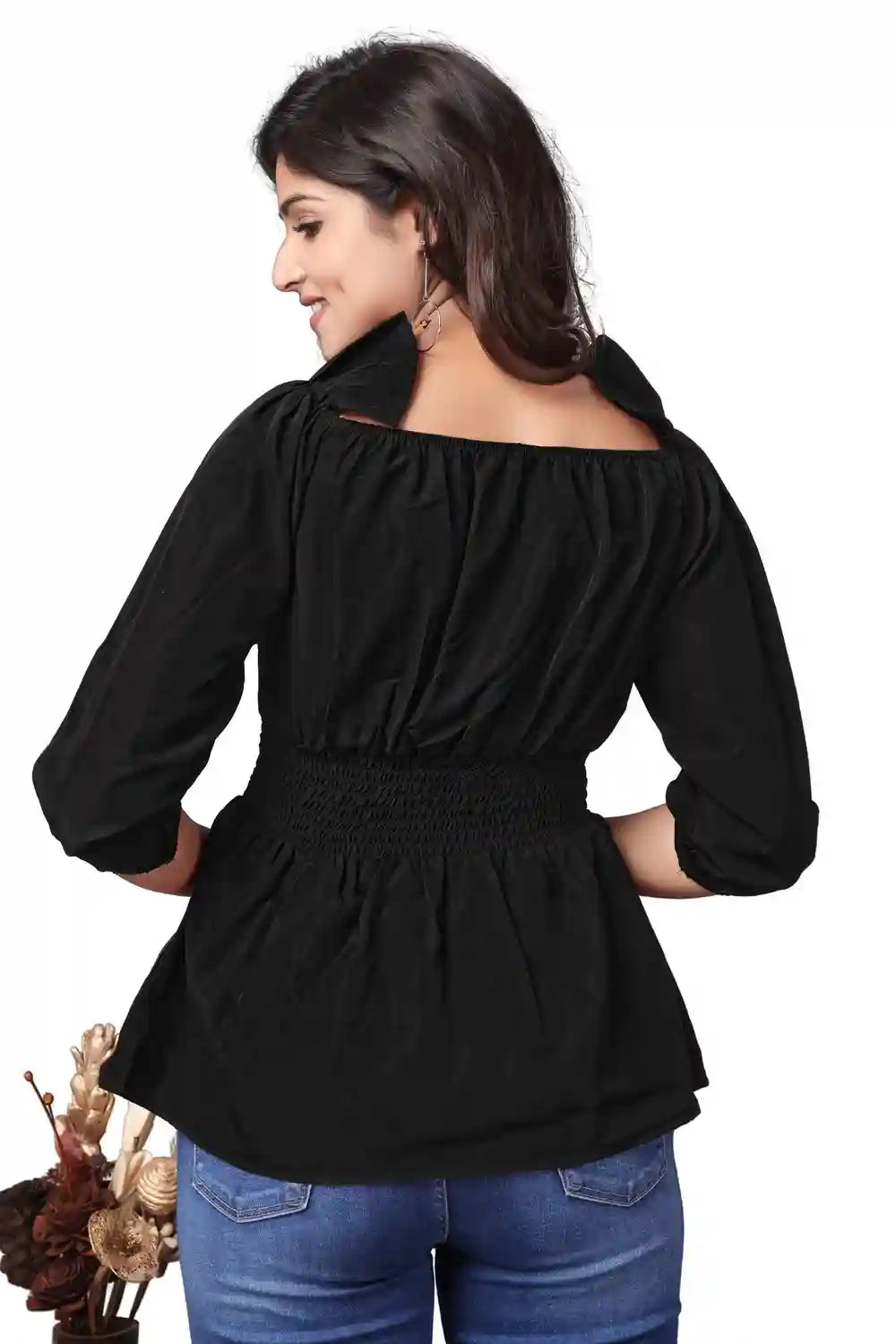 black stylish off shoulder tops for girls | solid crepe bishop sleeve top