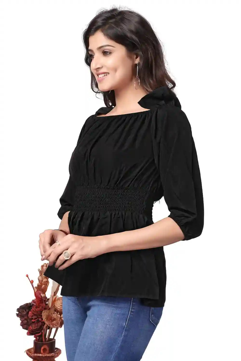 black stylish off shoulder tops for girls | solid crepe bishop sleeve top
