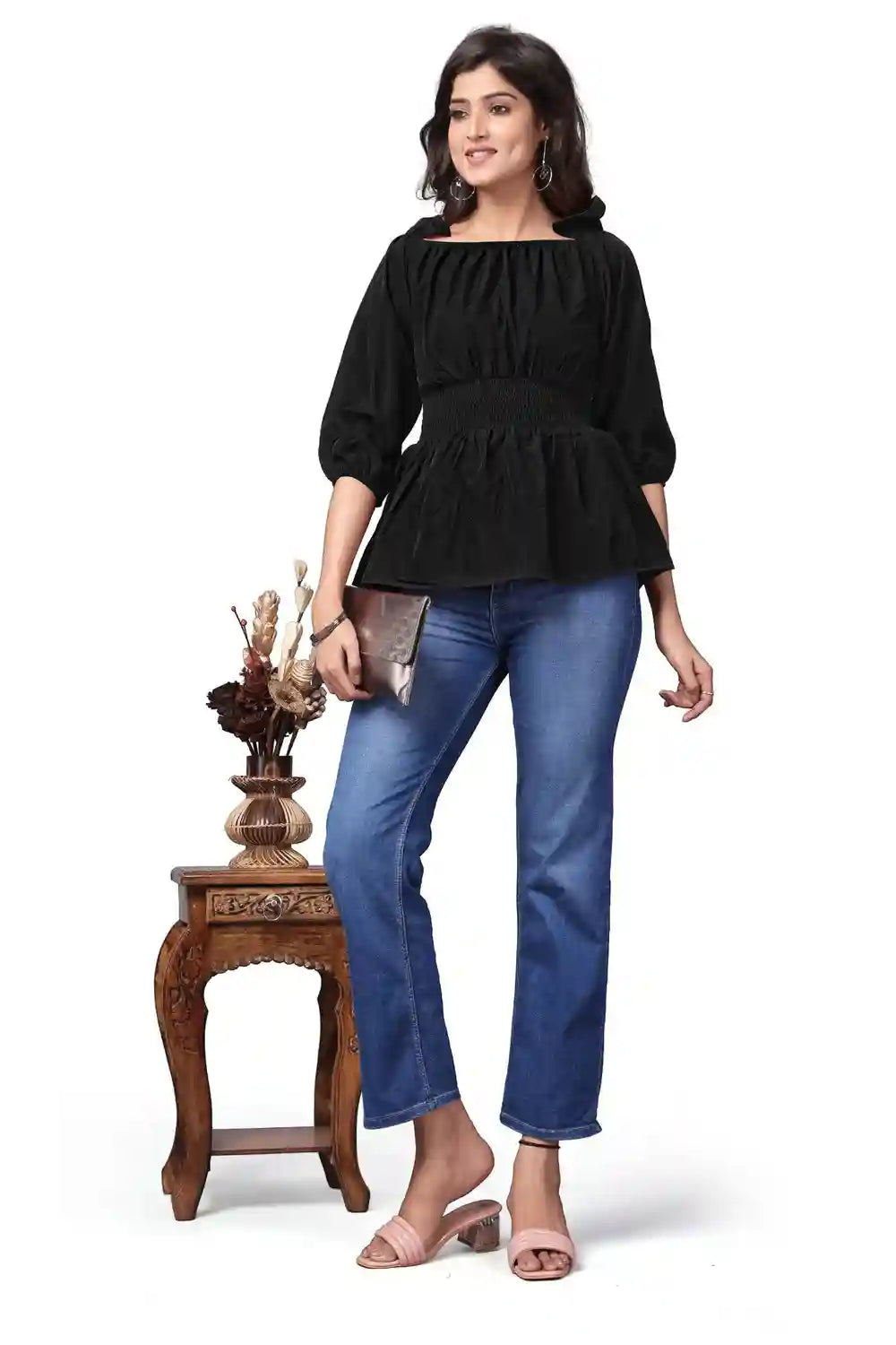 black stylish off shoulder tops for girls | solid crepe bishop sleeve top