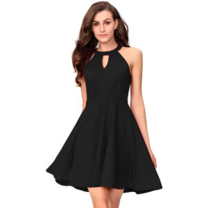 black solid flared mini sleeveless dress