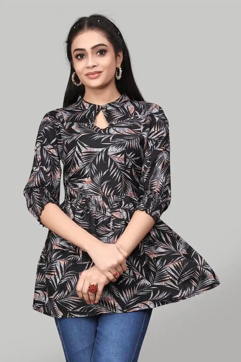 black rayon floral print top for women & girls | ruffle sleeves