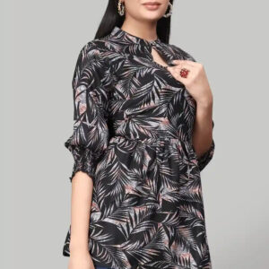 black rayon floral print top for women & girls | ruffle sleeves