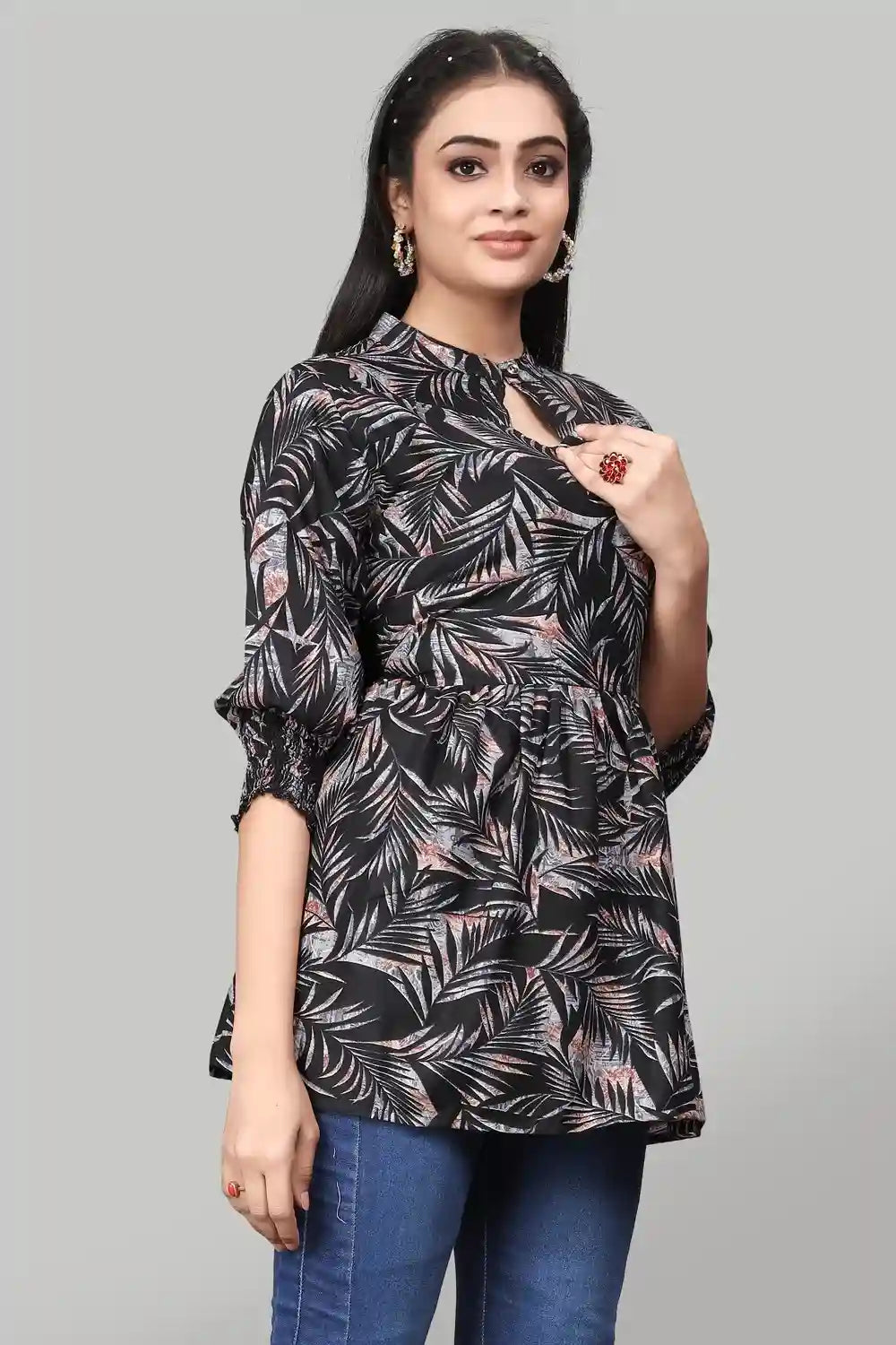 black rayon floral print top for women & girls | ruffle sleeves