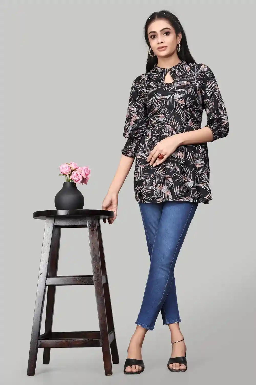 black rayon floral print top for women & girls | ruffle sleeves