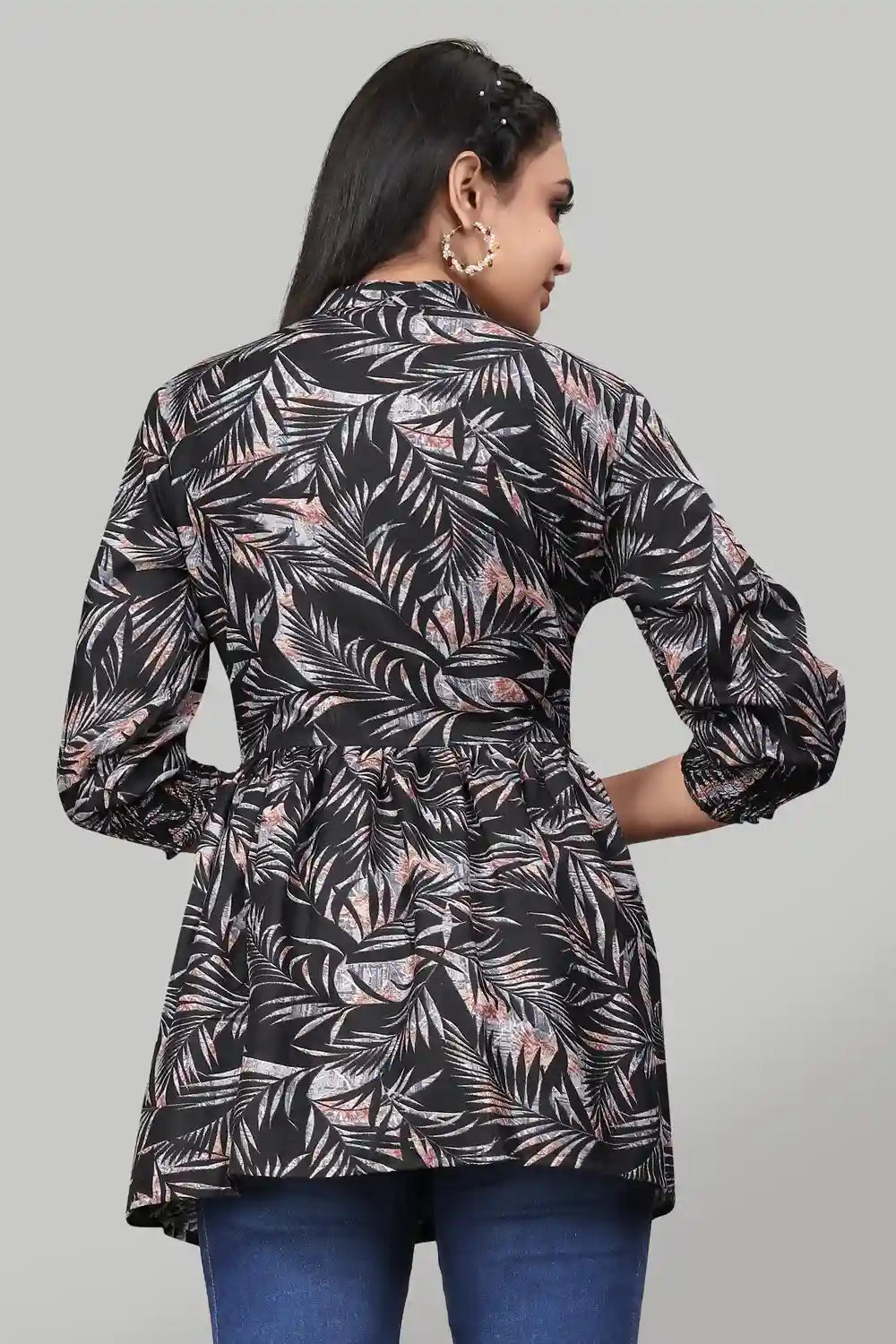 black rayon floral print top for women & girls | ruffle sleeves