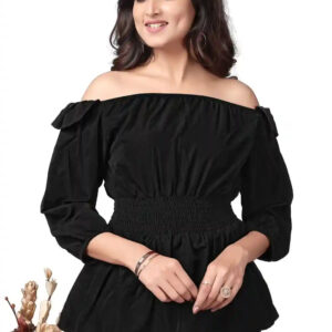 black off shoulder crepe top | solid ruffle sleeve casual & party wear top