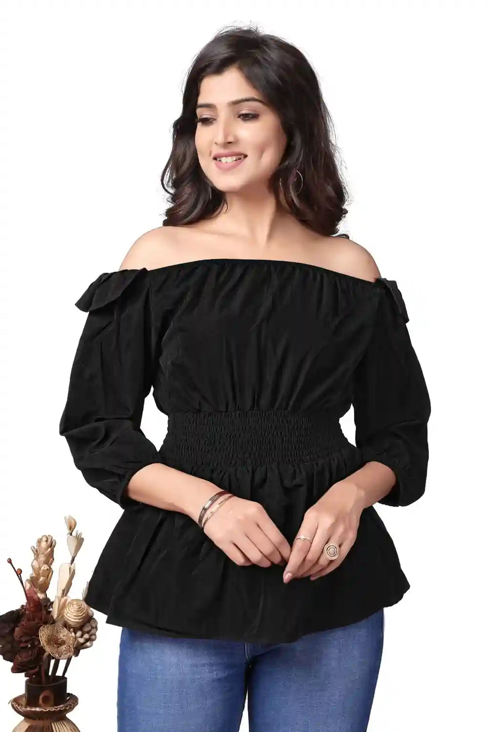 black off shoulder crepe top | solid ruffle sleeve casual & party wear top