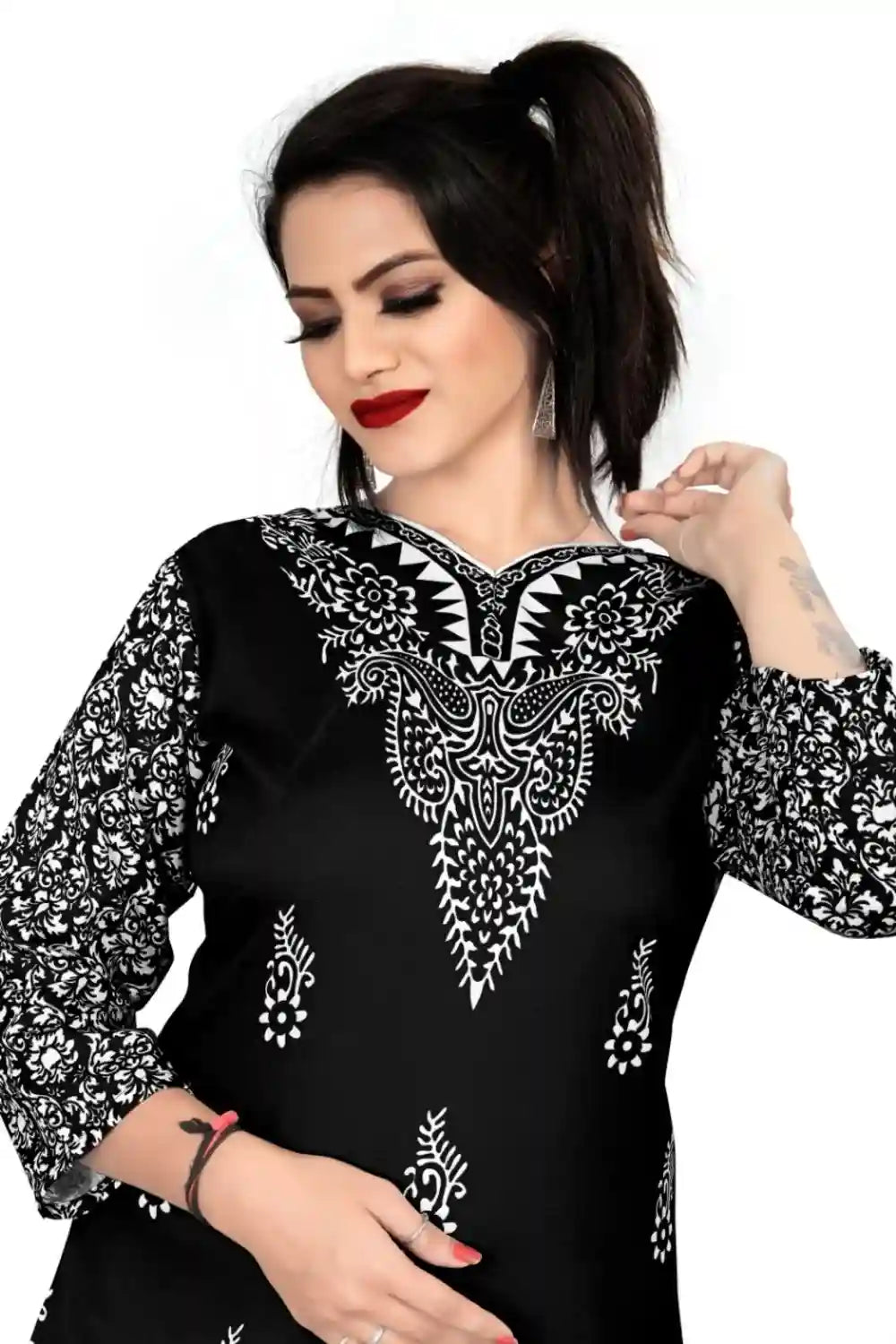 black cotton ethnic print tunic top for women