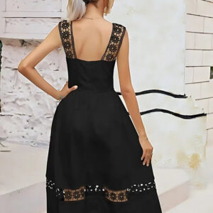 black crepe & lace crochet wide strap party wear dress