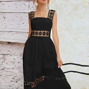 black crepe & lace crochet wide strap party wear dress