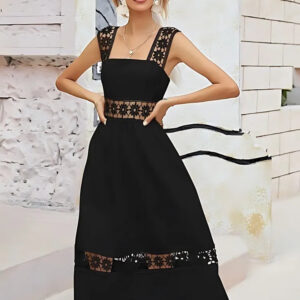 black crepe & lace crochet wide strap party wear dress