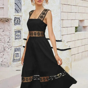 black crepe & lace crochet wide strap party wear dress
