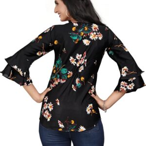 black flower round neck crepe casual tunic tops