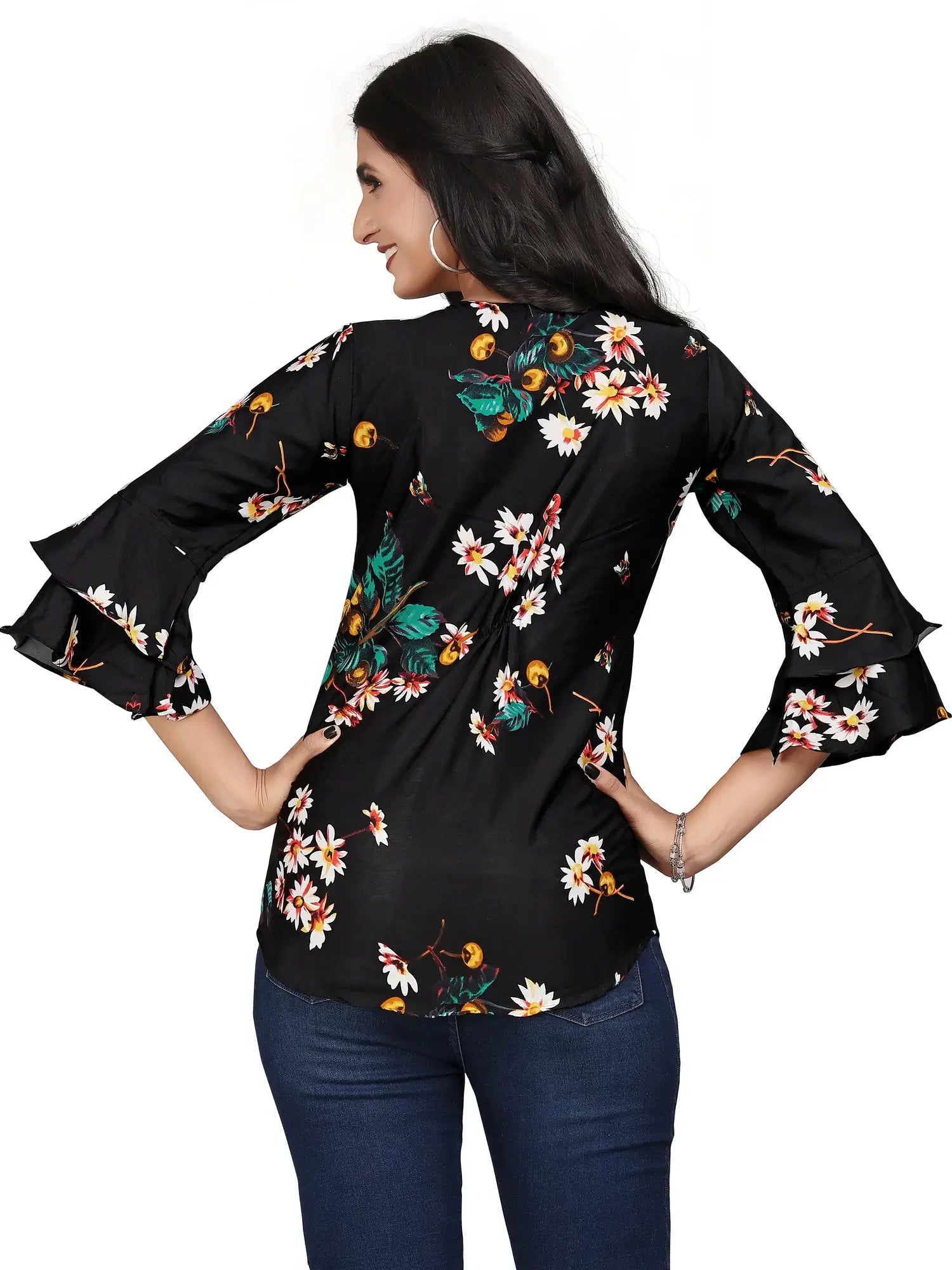 black flower round neck crepe casual tunic tops