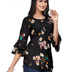 black flower round neck crepe casual tunic tops