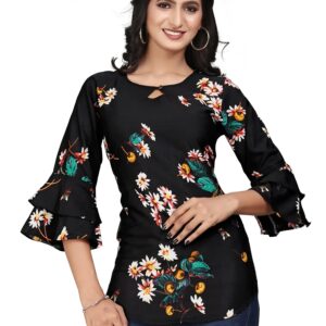 black flower round neck crepe casual tunic tops
