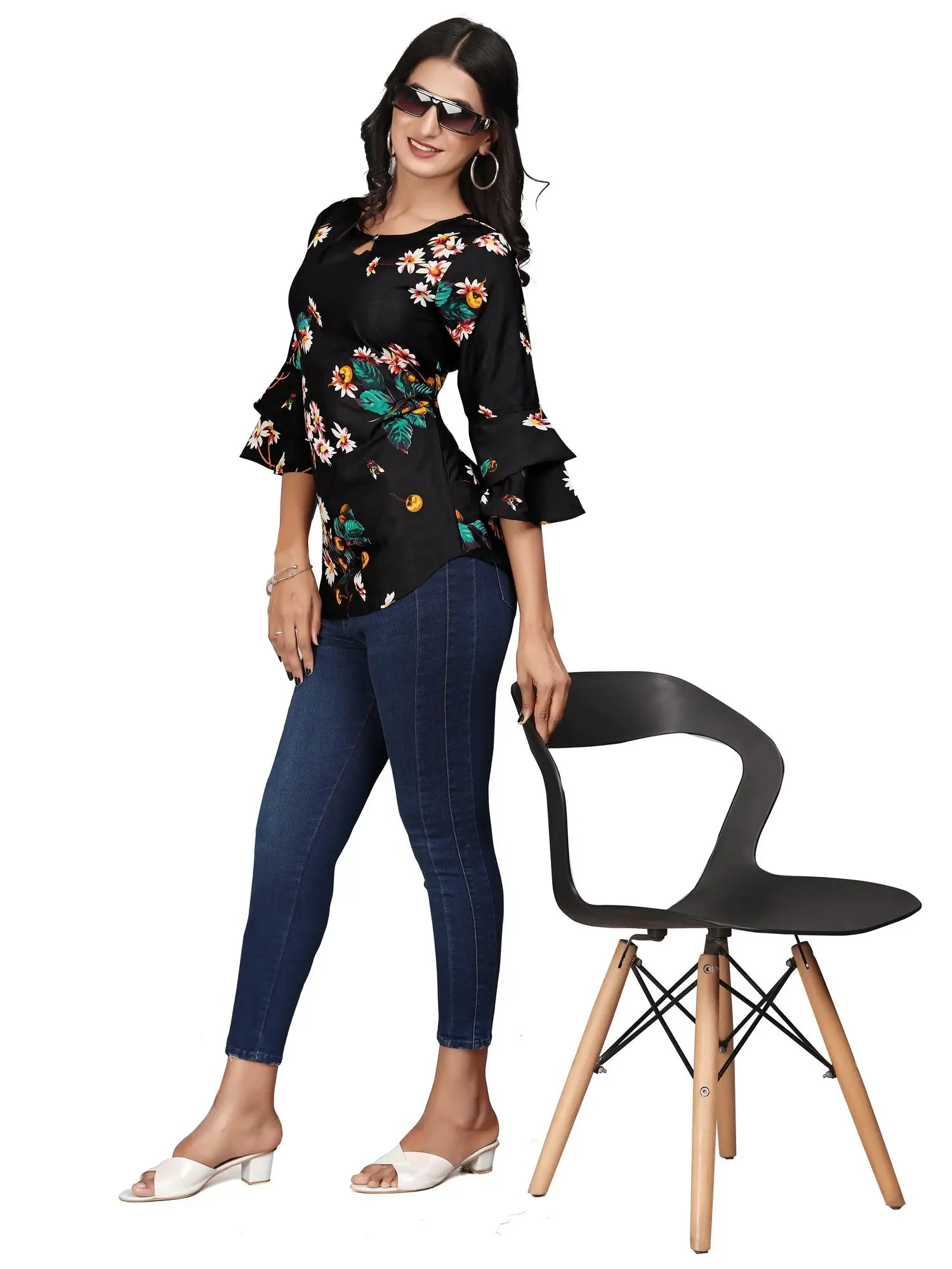black flower round neck crepe casual tunic tops