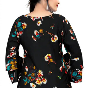 black floral printed crepe tunic top with bell sleeves for women