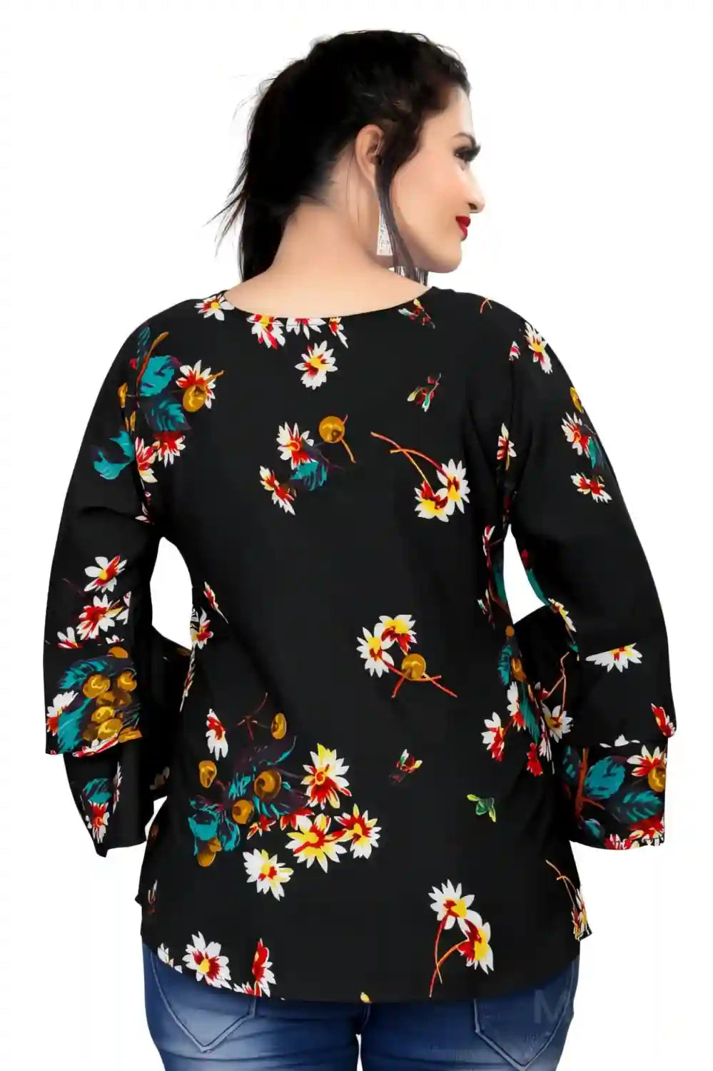 black floral printed crepe tunic top with bell sleeves for women