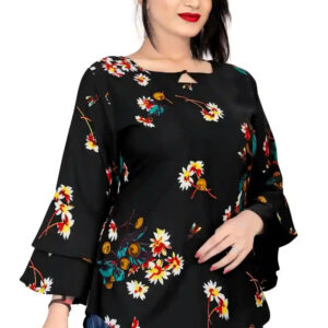 black floral printed crepe tunic top with bell sleeves for women