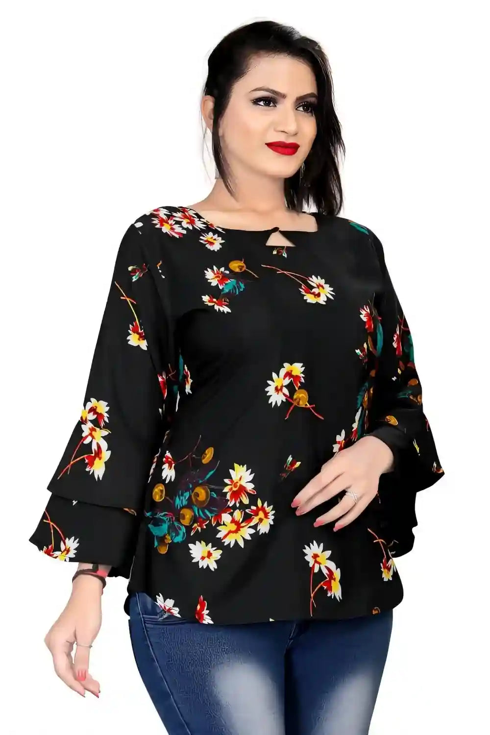 black floral printed crepe tunic top with bell sleeves for women